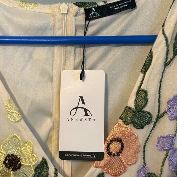 Anewsta Embroidered Floral Applique Mini Dress - Ivory Multi - Size Large - Picture 2 of 10